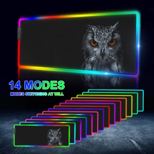 Vista 6 de Alfombrilla de mouse RGB para juegos 14 modos de luz grande extendida para teclado de computadora, búho, alfombrilla de mouse de alto rendimiento