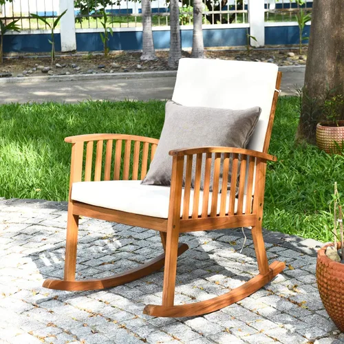 Vista 5 de Tangkula 2 mecedoras de madera de acacia para exteriores, mecedora de madera con cojines lavables desmontables, balancín para porche, jardín, patio