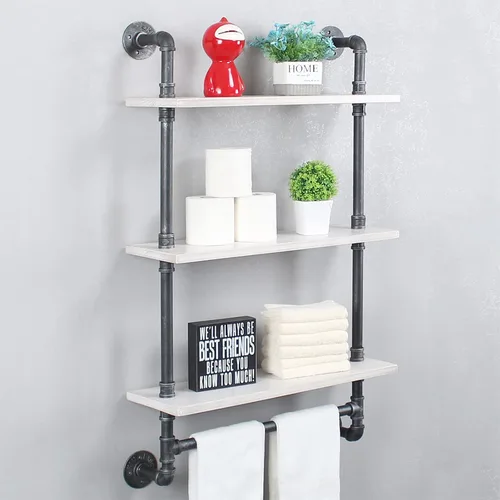 Vista 9 de MBQQ Estantes de tubería para baño en negro y blanco con toallero sobre el inodoro, estantes flotantes de 24 pulgadas de madera de pino para montaje