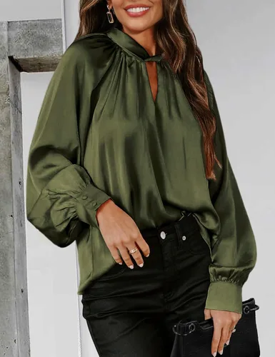 Vista 2 de LYHNMW Blusas de seda satinada para mujer, con cuello en V, manga larga, holgadas, blusas de verano, blusas casuales