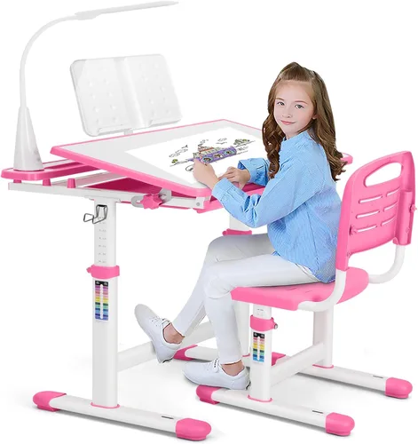 Vista 10 de Artist hand Kids Desk and Chair Set, Height Adjustable Desk with 0-40° Tilting Desktop, 2-Tier Bookshelf, Tablet Stand, Drawer, Hook and Ergonomic