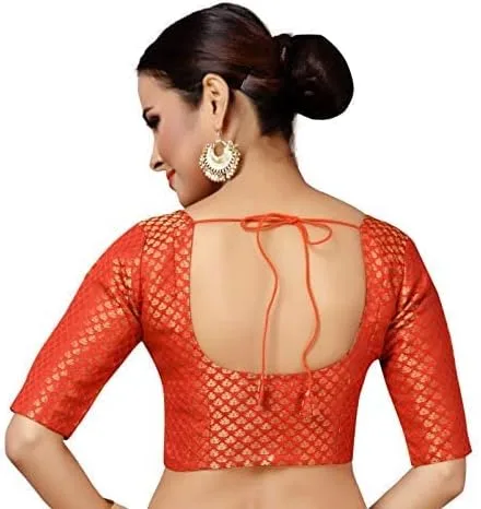 Vista 3 de Mujeres partido desgaste Bollywood poliéster brocado Readymade estilo sari blusa codo mangas, Rojo