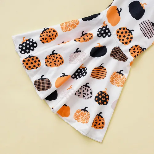 Vista 6 de Noubeau Trajes de Halloween para bebés y niñas pequeñas, con estampado de letras, manga acampanada, camisa de vestir linda calabaza con pantalones