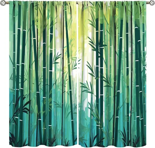 Vista 25 de Cortinas con estampado de bambú verde natural, plantas asiáticas, japonesas, tallos rústicos, hojas, cortina de selva con bolsillo para cortinero