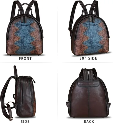 Vista 4 de IVTG Mochila de cuero genuino para mujer, estilo vintage, de cuero real, mochila de moda para hombro