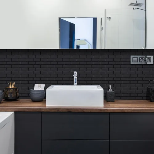 Vista 3 de Azulejos negros mate para despegar y pegar estilo metro para cocina, diseño más grueso, azulejos adhesivos para pegar en la sala de estar, azulejos