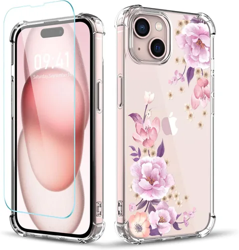 Vista 31 de Funda para iPhone 14, [3 en 1] con protector de pantalla y protector de lente de cámara, diseño de patrón de flores, transparente, suave, a prueba