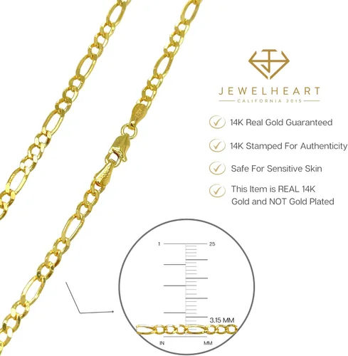 Vista 5 de JEWELHEART Cadena Figaro de oro real de 14 quilates 0096in 0124in 0161in 0201in collar de eslabones cubanos con corte de diamante para hombre
