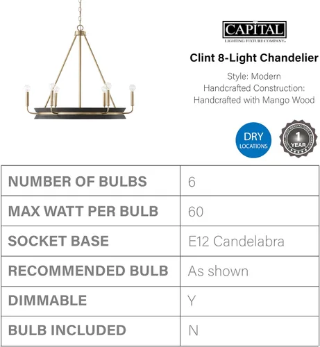 Vista 5 de Capital Lighting 447361KR Finn - Candelabro redondo de madera de mango hecho a mano, 6 luces, 360 vatios totales, 27 pulgadas de alto x 31 pulgadas