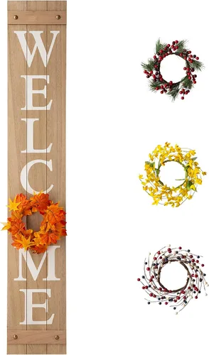 Vista 9 de Glitzhome - Letrero con palabra en inglés «Welcome» para puerta delantera, porche, rústico, de madera, con 3 coronas de flores intercambiables
