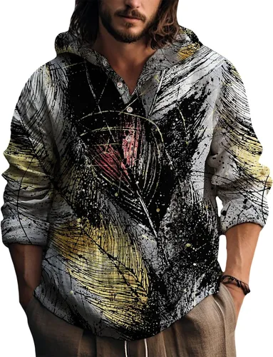 Vista 11 de Sudadera con capucha para hombre, con estampado de plumas, manga larga, 3 botones, a la moda, casual, para otoño, cómoda y suave