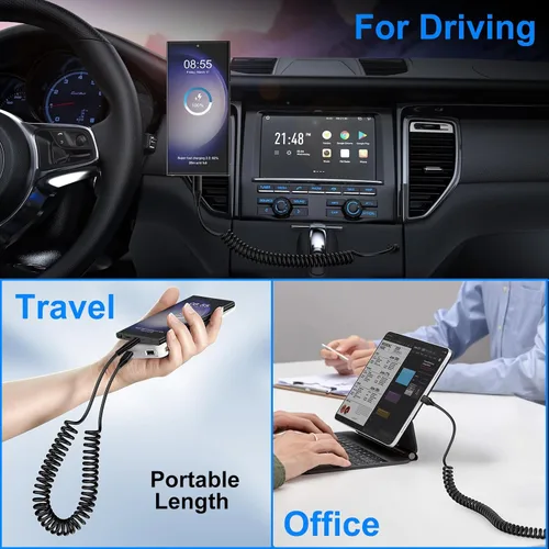 Vista 7 de Cable USB C para Android Auto de carga rápida, 3 pies + 6 pies, retráctil en espiral tipo C a C, cable de carga de teléfono para Samsung Galaxy A17