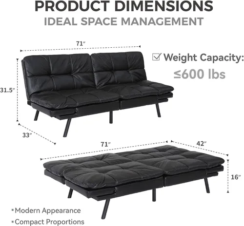 Vista 2 de Sofá cama futón, sofá cama convertible de espuma viscoelástica, moderno sofá cama plegable para espacio de vida pequeño y compacto (negro + PU#)
