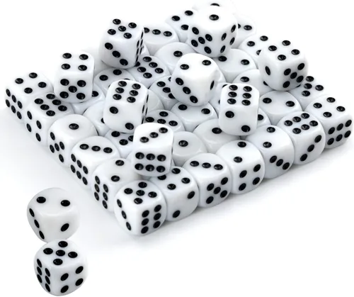 Vista 7 de Juego de 50 dados blancos de 0.639 pulgadas de acrílico redondeados de seis caras D6 con puntos negros para juegos de mesa, fiestas, diversión
