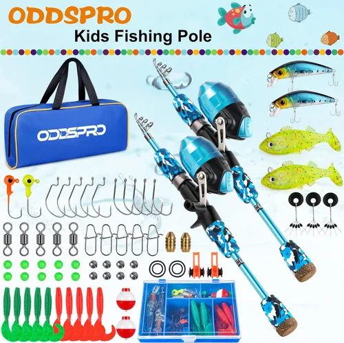 Vista 2 de ODDSPRO Caña de pescar para niños, kit combinado de caña de pescar y carrete telescópico portátil para niños, con caja de aparejos de pesca Spincast