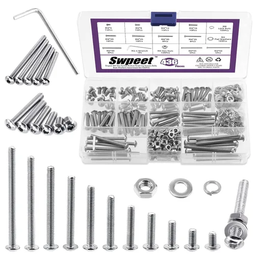 Vista 8 de Swpeet 701 tornillos M2 métrico 304 de cabeza de botón de acero inoxidable hexagonal, tornillos tuercas y tuercas hexagonales con arandelas planas