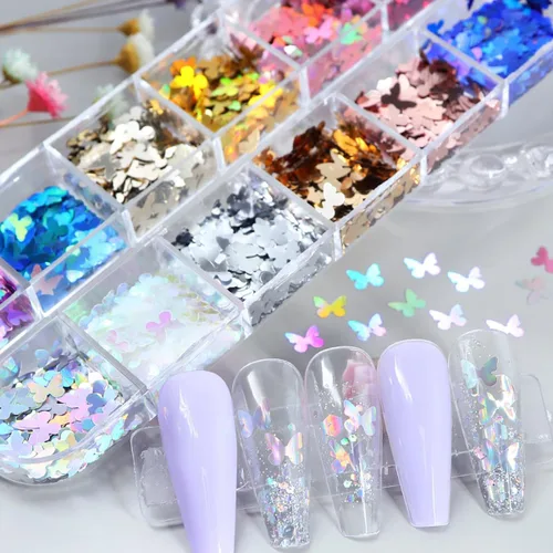 Vista 3 de 12 rejillas holográficas de mariposa para arte de uñas, lentejuelas con purpurina láser 3D brillantes para diseño de uñas acrílicas, paillettes