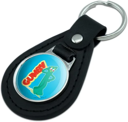 Vista 2 de Gumby de cuero negro apoyado en el llavero del logotipo