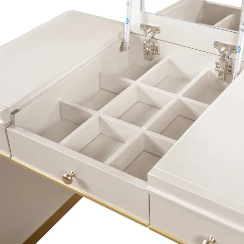 Vista 7 de Saiveina Escritorio clásico de madera con espejo abatible, tocador 3 en 1 con 2 cajones y espacio de almacenamiento para dormitorio, vestidor Champán