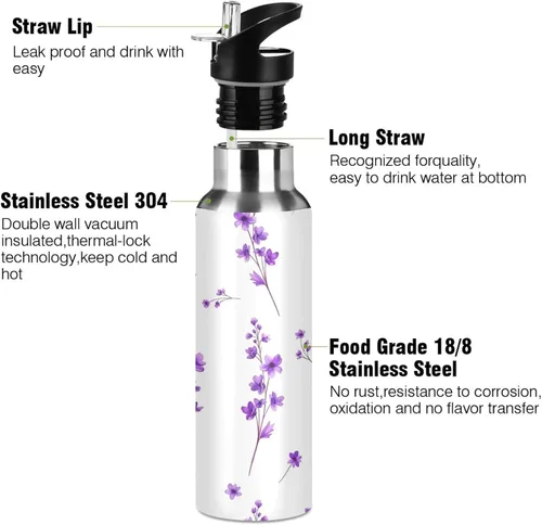 Vista 3 de Purple Flowers Leaves Stainless Steel Water Bottle 20 Oz Leakproof Water Bottles, BPA-Free Sports Water Bottle with Straw