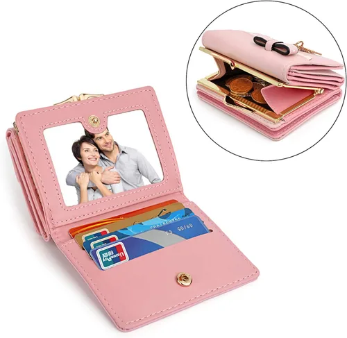 Vista 3 de UTO Cartera triple para mujer, lindo gatito con lazo, tarjetero pequeño