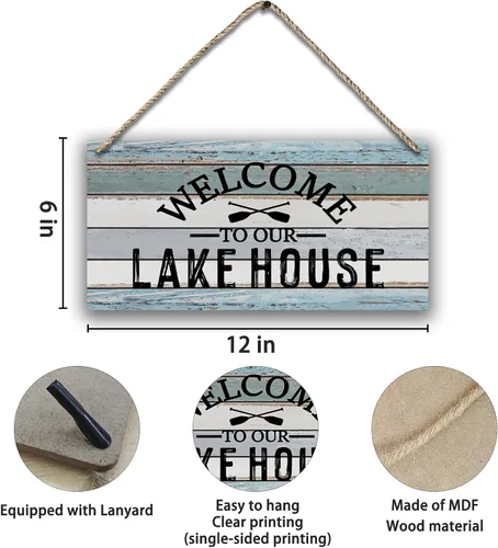 Vista 6 de Letrero de madera impreso para colgar en la pared, diseño rústico para casa de lago, decoración del hogar, verano, 12 x 6 pulgadas