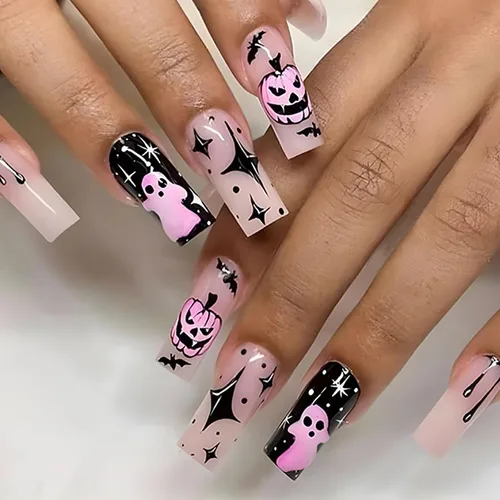 Vista 11 de Uñas postizas largas a presión para Halloween, uñas postizas largas en forma de ataúd, negro y rojo, brillantes, diseño de gota de sangre de terror