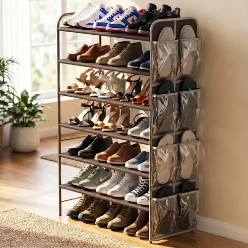 Vista 2 de Simple Houseware Organizador de almacenamiento para zapatos de 6 niveles con bolsa lateral para colgar, bronce