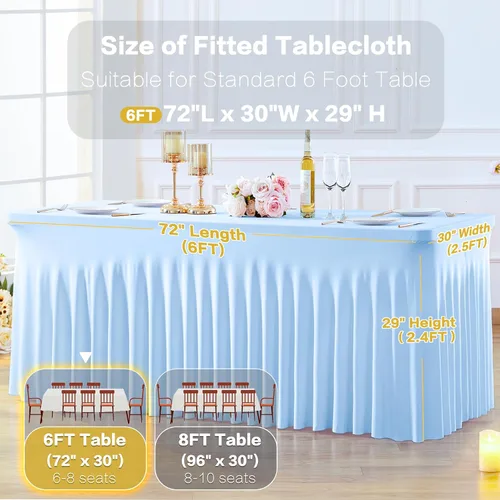 Vista 6 de Paquete de 2 manteles color azul bebé para mesas rectangulares de 6 pies, mantel ajustable de elastano, fundas de mesa elásticas de 6 pies, manteles