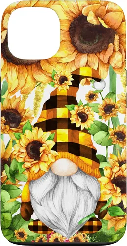 Vista 7 de iPhone 16 Gnomo de girasol con sombrero de cuadros de búfalo para niñas de moda lindo caso