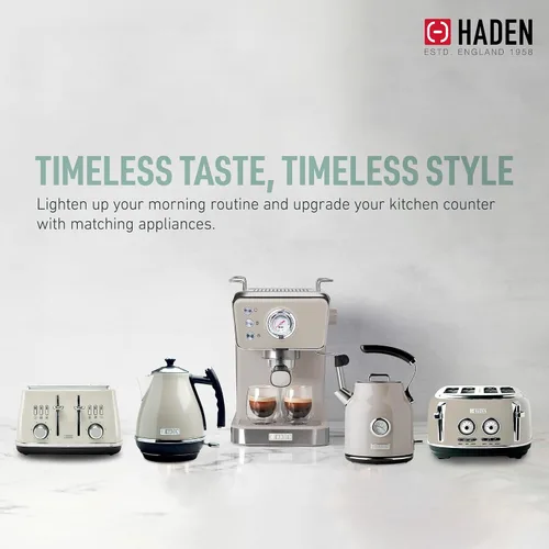 Vista 5 de HADEN Barista Brew - Cafetera de café expreso, de acero inoxidable con espumador de leche y vaporizador y tanque de agua de 1.5 L, masilla y cobre