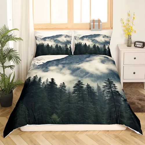 Vista 2 de Erosebridal National Park - Juego de ropa de cama con diseño de montaña ahumada, funda de edredón de árboles brumosos para niños, niñas y adultos