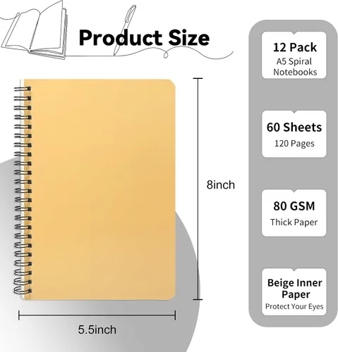 Vista 2 de miikoul Paquete de 12 cuadernos en espiral A5 rayados, 8.3" x 5.5", 60 hojas/120 páginas de papel con líneas anchas, cuadernos en espiral, papel