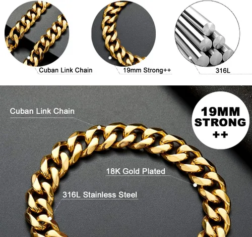 Vista 4 de Collar de cadena para perro, collar de acero inoxidable chapado en oro de 14 quilates, resistente, a prueba de mordidas, 0.748 in, 16 pulgadas