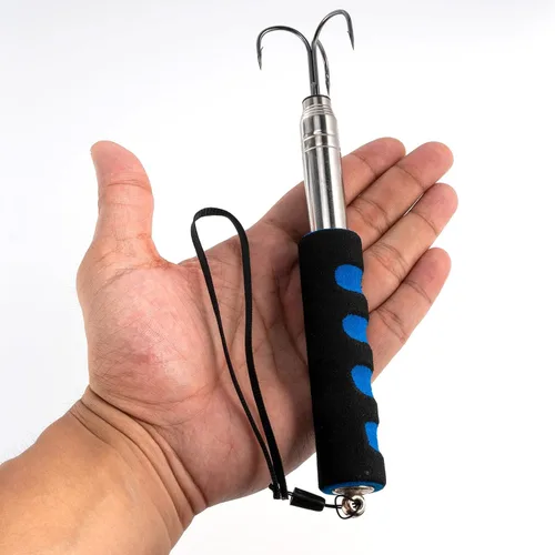 Vista 7 de Alwonder Gaff de pesca telescópica, Lanza de pesca en hielo de triple gancho de acero inoxidable, Poste telescópico de aleación de aluminio