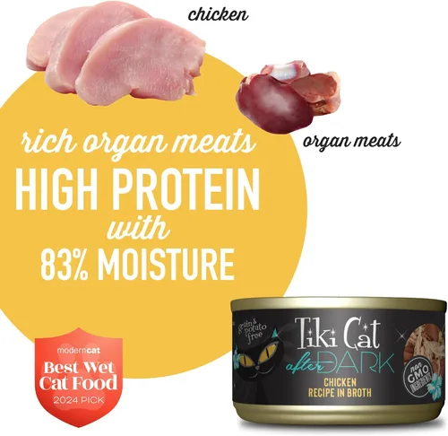 Vista 5 de Tiki Cat After Dark - Alimento húmedo para gatos, receta de pollo, latas de 2.8 onzas (12 unidades) Wet Cat Food, Whole Foods, Real Chicken with
