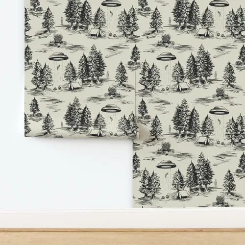 Vista 4 de Spoonflower Papel Tapiz Despegar y Pegar Muestra - OVNI Grande Negro Toile De Jouy Abducción Alienígena Espacio Acampada Papel Tapiz Removible
