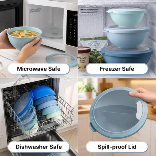 Vista 6 de Zulay Kitchen Juego de 12 tazones de plástico para mezclar con tapas, a prueba de fugas, aptos para microondas y congelador, apilables, para Azul