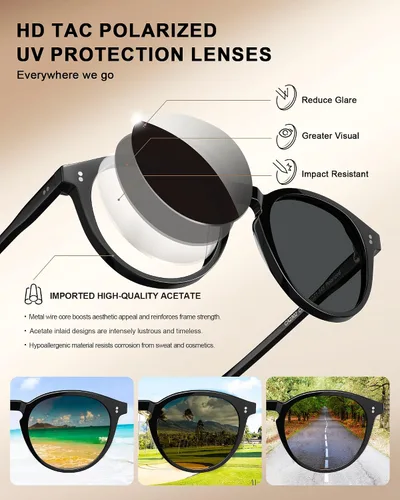 Vista 5 de CARFIA Round Polarized Sunglasses for Women UV Protection Acetate Frame Classic Retro Style CA2302