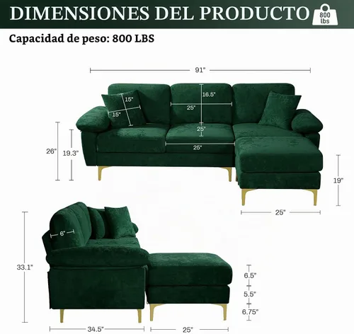 Vista 2 de OUYESSIR Sofá modular en forma de L, sofá de terciopelo de 3 plazas con otomana y almohadas, cómodo sofá cama tapizado para sala de estar Verde