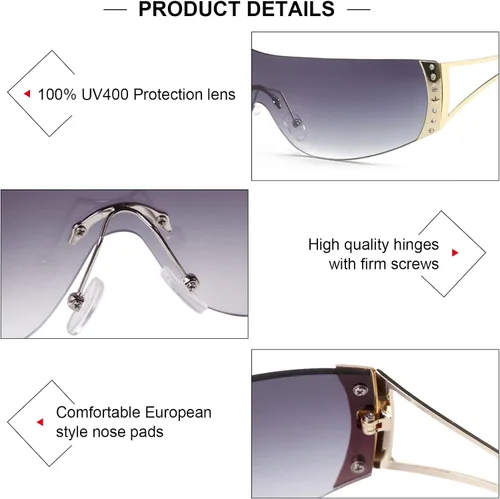 Vista 5 de SORVINO Lentes de sol Y2K sin montura para mujeres y hombres, diseño de escudo futurista de moda, de gran tamaño de los años 2000, con estrellas