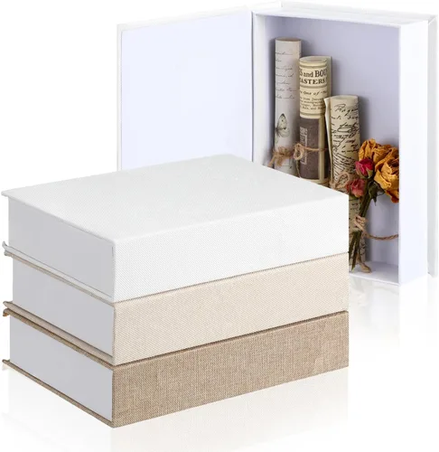 Vista 19 de Tioncy Caja de libros falsos de lino neutro, 3 piezas, decoración de imitación para decoración del hogar, estantes, mesa, tarjetas, fotos, regalo