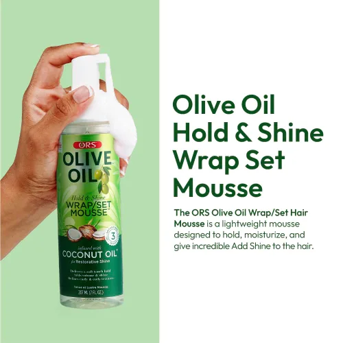 Vista 5 de ORS Set de envoltura de aceite de oliva Hold & Shine Mousse infundida con aceite de coco para un brillo reparador, 7 onzas