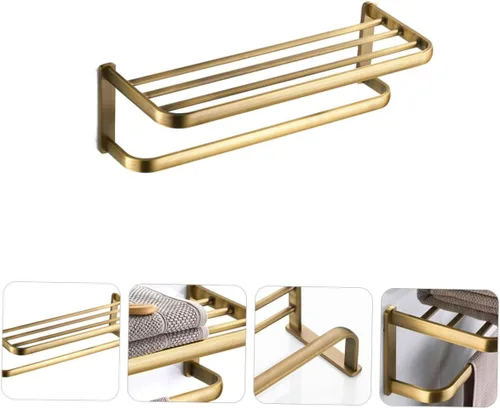 Vista 3 de Homoyoyo Retro Brass Bathroom Wall-Mounted Storage Rack High Load Towel Holder Shelf for Bath and Hand Towels Easy Installation Space-Saving