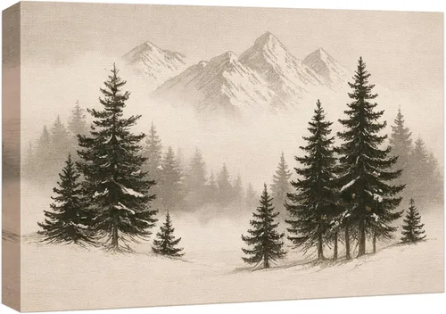 Vista 48 de SIGNWIN Lienzo impreso para pared, diseño de bosque y guardería, cabaña de troncos, invierno, nieve, montaña, bosque, ilustraciones de naturaleza