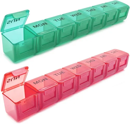 Vista 11 de Paquete de 2 organizadores semanales de píldoras, estuche grande de 7 días, caja de medicina diaria de vitaminas, recipientes de píldoras AM/PM