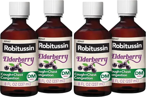 Vista 12 de Robitussin Máxima fuerza para la tos de saúco y la congestión del pecho, DM, supresor de la tos para adultos, proporciona alivio líquido para la tos