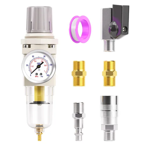Vista 11 de TAILONZ PNEUMATIC Regulador de presión de filtro de aire de drenaje automático NPT de 1/2 pulgada Combo Piggyback, filtro compresor de herramienta