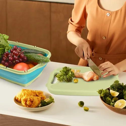 Vista 9 de Tabla de cortar para acampar, HI NINGER - Tabla de cortar plegable con colador, tabla de cortar multifuncional 9 en 1, cesta de lavado de verduras