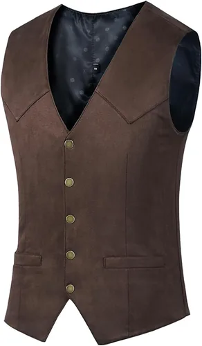 Vista 3 de Chaleco de piel de ante para hombre, estilo vintage, estilo vaquero, sin mangas, ajustado, para boda